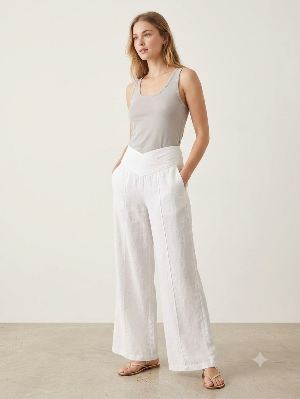 Just Living White Wide-Leg V-Front Waist Linen Pants